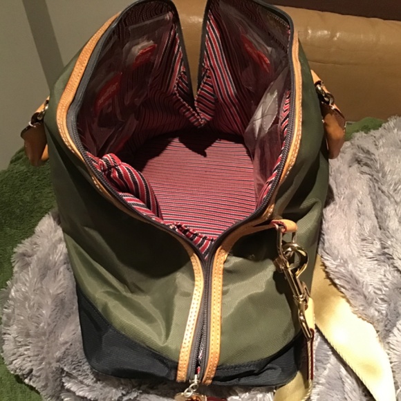 DANZO ‘RETRO KHAKI GREEN NYLON WITH BEIGE VACHETTA HANDLES & TRIMS  BABY BAG - Picture 11 of 16